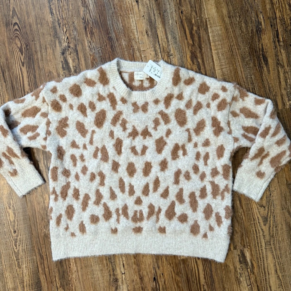 NWT Dreamers by Debut Sweater M/L Taupe LEOPARD Fuzzy Eyelash MERINO WOOL BLEND